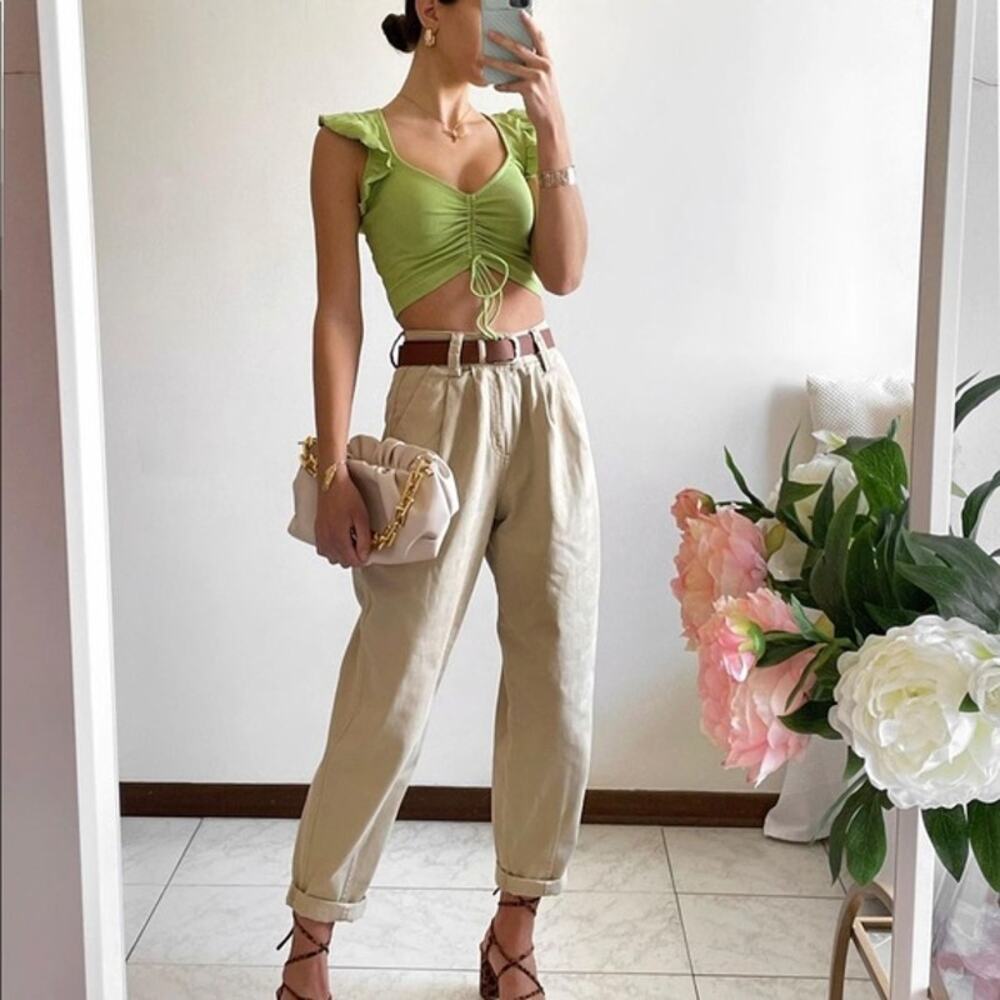 Zara NWT Green Ruched Drawstring Ruffle Crop Top L - Picture 13 of 16